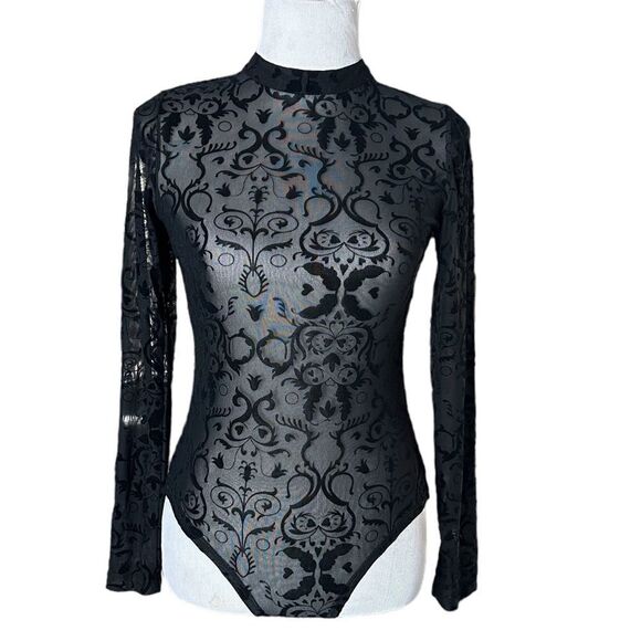 Forever 21 Black Goth Punk Floral Mesh Long Sleeved Bodysuit Shirt Top - Picture 2 of 6